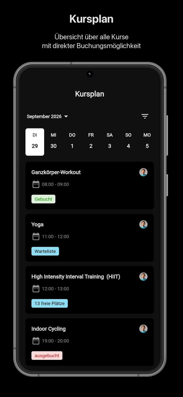 LB Fitness App: Kursplan mit direkter Buchung