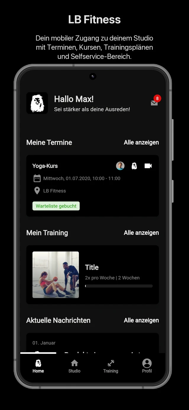 LB Fitness App: Startseite mit Terminen, Trainingsplan und News